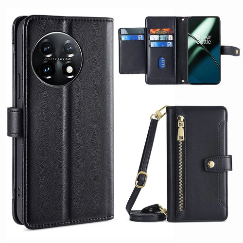 Shockproof Phone Case for OnePlus 11 5G, Zipper Pocket Card Slots Flip Leather Phone Cover with Straps - Black - 1