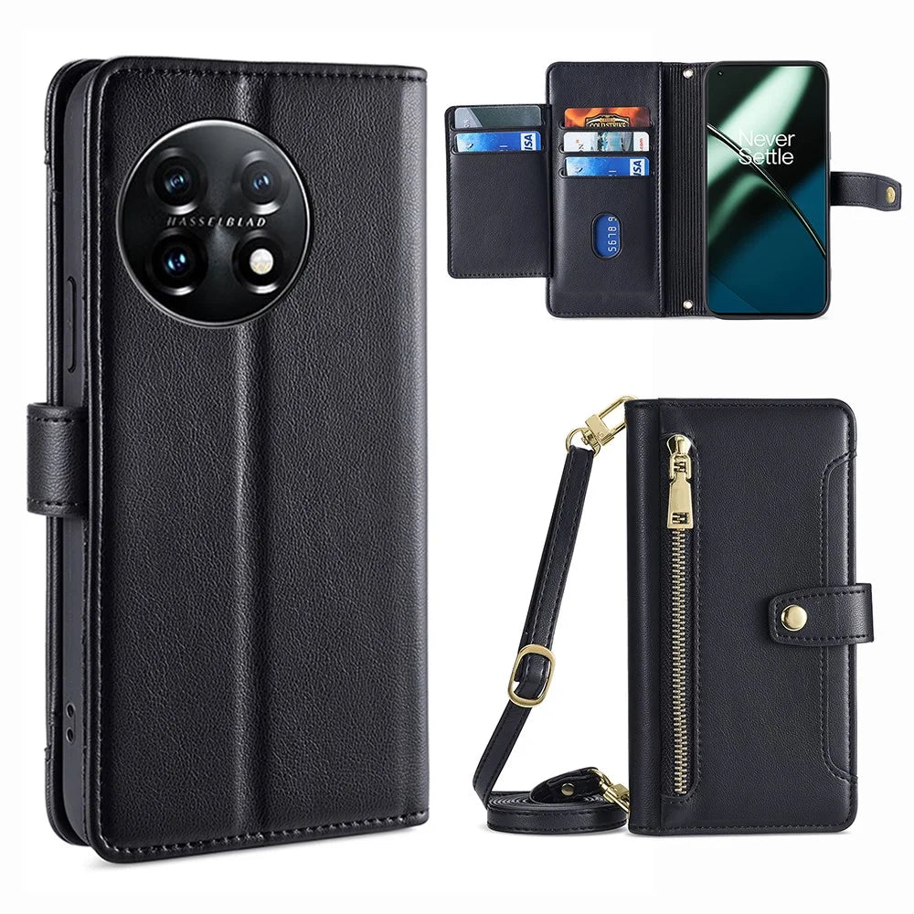 Shockproof Phone Case for OnePlus 11 5G, Zipper Pocket Card Slots Flip Leather Phone Cover with Straps - Black - 1