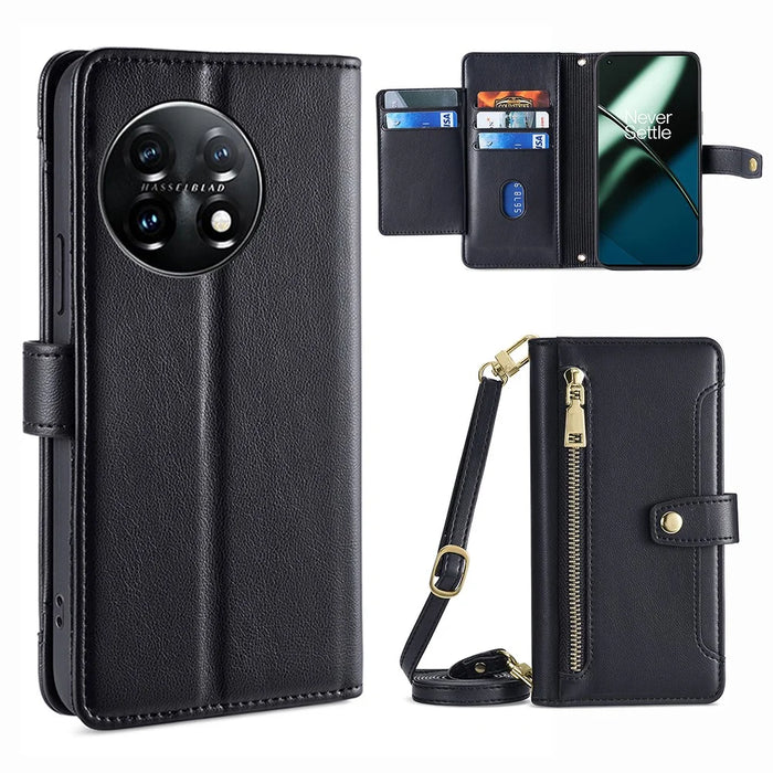 Shockproof Phone Case for OnePlus 11 5G, Zipper Pocket Card Slots Flip Leather Phone Cover with Straps - Black - 1