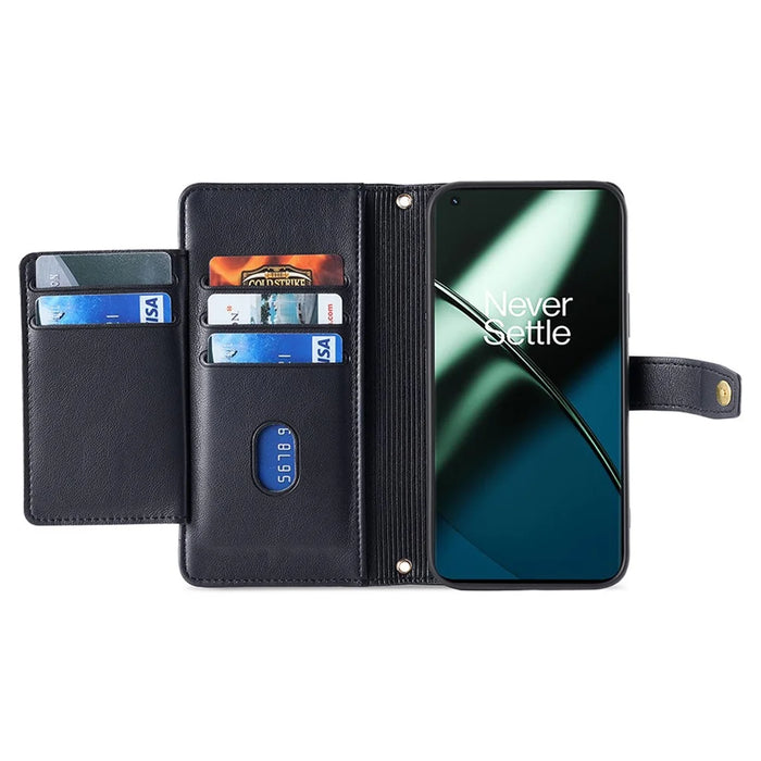 Shockproof Phone Case for OnePlus 11 5G, Zipper Pocket Card Slots Flip Leather Phone Cover with Straps - Black - 2