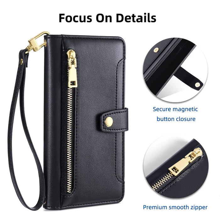 Shockproof Phone Case for OnePlus 11 5G, Zipper Pocket Card Slots Flip Leather Phone Cover with Straps - Black - 5