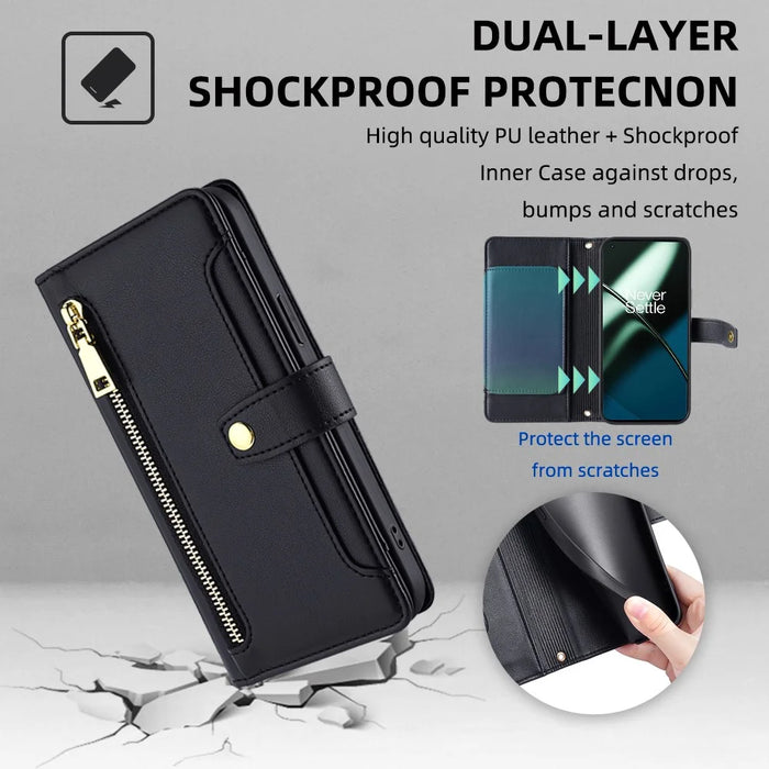 Shockproof Phone Case for OnePlus 11 5G, Zipper Pocket Card Slots Flip Leather Phone Cover with Straps - Black - 6