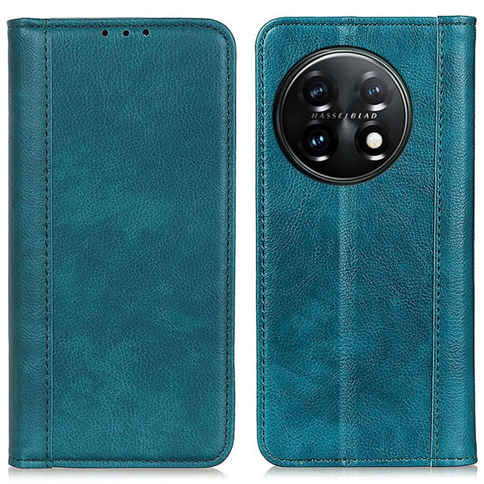 For OnePlus 11 5G Split Leather Stand Phone Case Litchi Texture Wallet Protection Cover - Green - 1