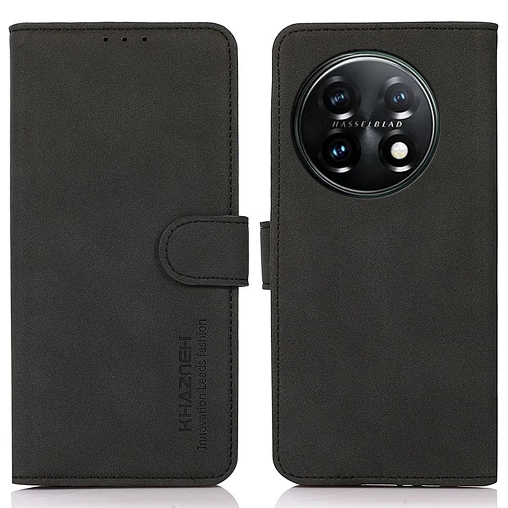 KHAZNEH PU Leather Phone Case for OnePlus 11 5G Textured Magnetic Clasp Stand Wallet Cover - Black - 1