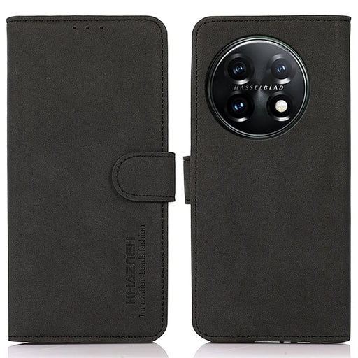 KHAZNEH PU Leather Phone Case for OnePlus 11 5G Textured Magnetic Clasp Stand Wallet Cover - Black - 1
