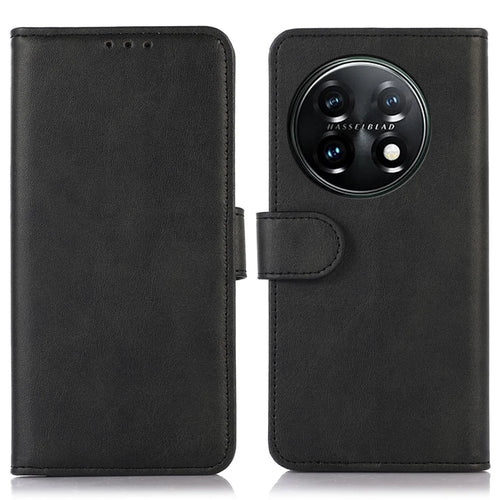 For OnePlus 11 5G Cowhide Texture PU Leather Stand Case Anti-drop Phone Wallet Cover - Black - 1