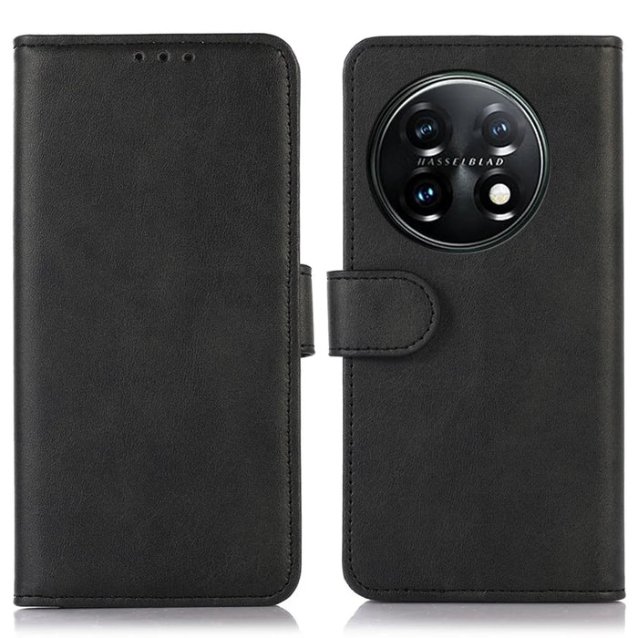 For OnePlus 11 5G Cowhide Texture PU Leather Stand Case Anti-drop Phone Wallet Cover - Black - 1