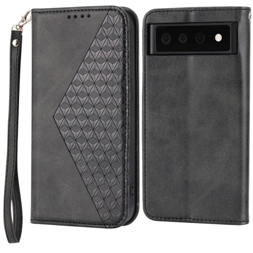 Phone Wallet Case for Google Pixel 7a, Imprinted Rhombus Pattern Calf Texture PU Leather Stand Phone Cover - Black - 1