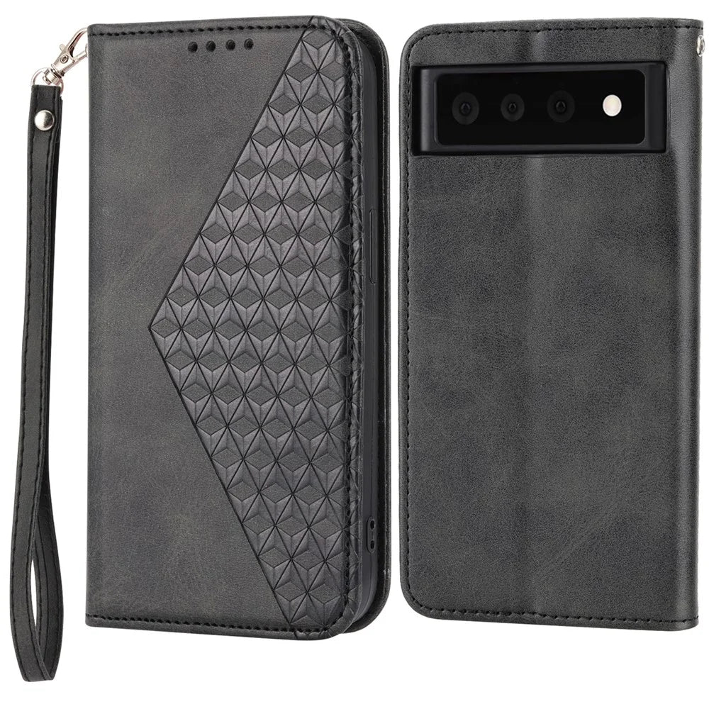 Phone Wallet Case for Google Pixel 7a, Imprinted Rhombus Pattern Calf Texture PU Leather Stand Phone Cover - Black - 1