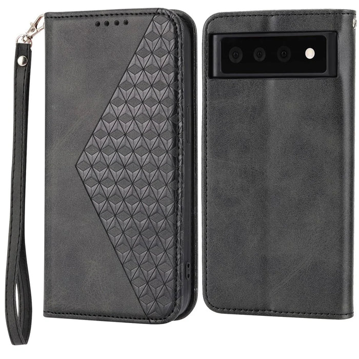 Phone Wallet Case for Google Pixel 7a, Imprinted Rhombus Pattern Calf Texture PU Leather Stand Phone Cover - Black - 1