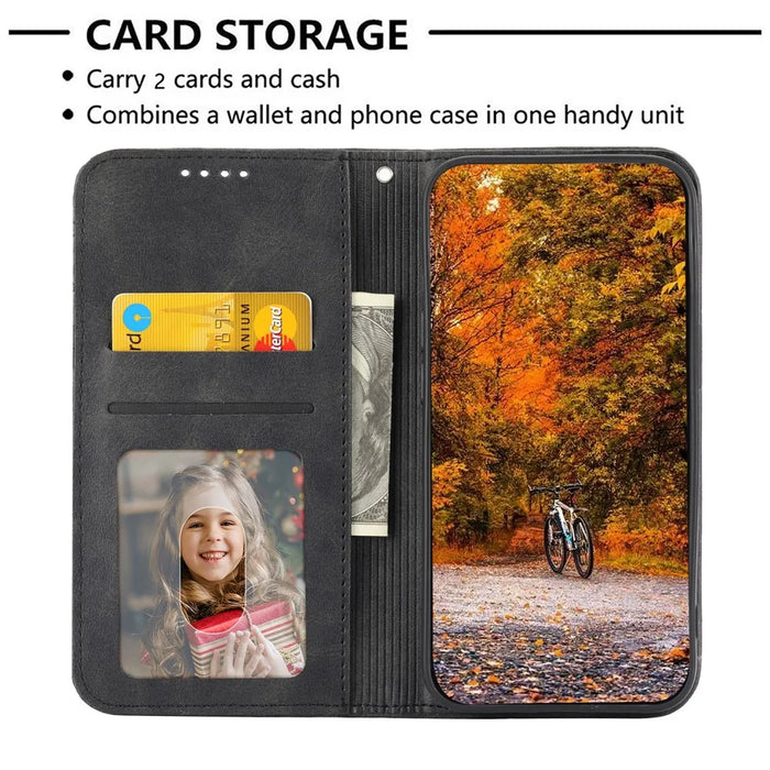 Phone Wallet Case for Google Pixel 7a, Imprinted Rhombus Pattern Calf Texture PU Leather Stand Phone Cover - Black - 2