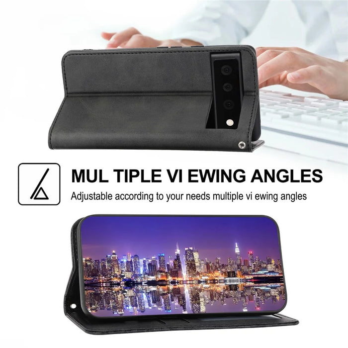 Phone Wallet Case for Google Pixel 7a, Imprinted Rhombus Pattern Calf Texture PU Leather Stand Phone Cover - Black - 4