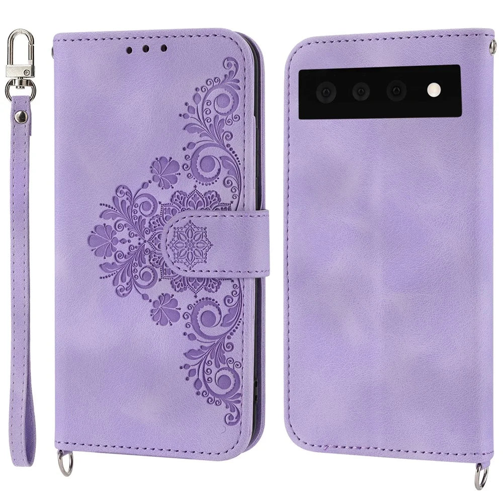 Phone Wallet Case for Google Pixel 7a, Skin-touch Imprinted Flowers Leather Stand Phone Cover with Wrist Strap and Shoulder Strap - Light Purple - 1
