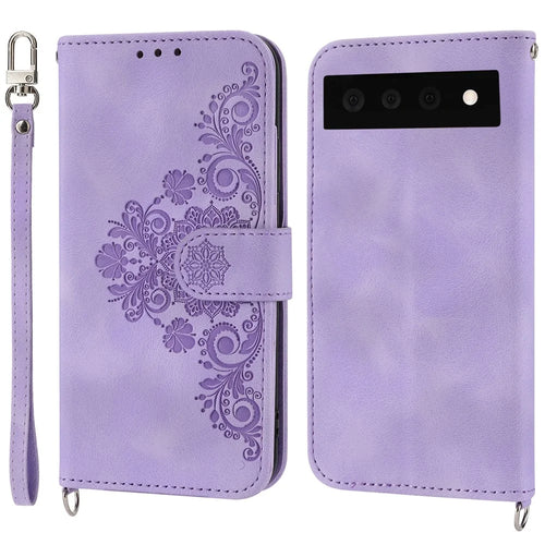 Phone Wallet Case for Google Pixel 7a, Skin-touch Imprinted Flowers Leather Stand Phone Cover with Wrist Strap and Shoulder Strap - Light Purple - 1