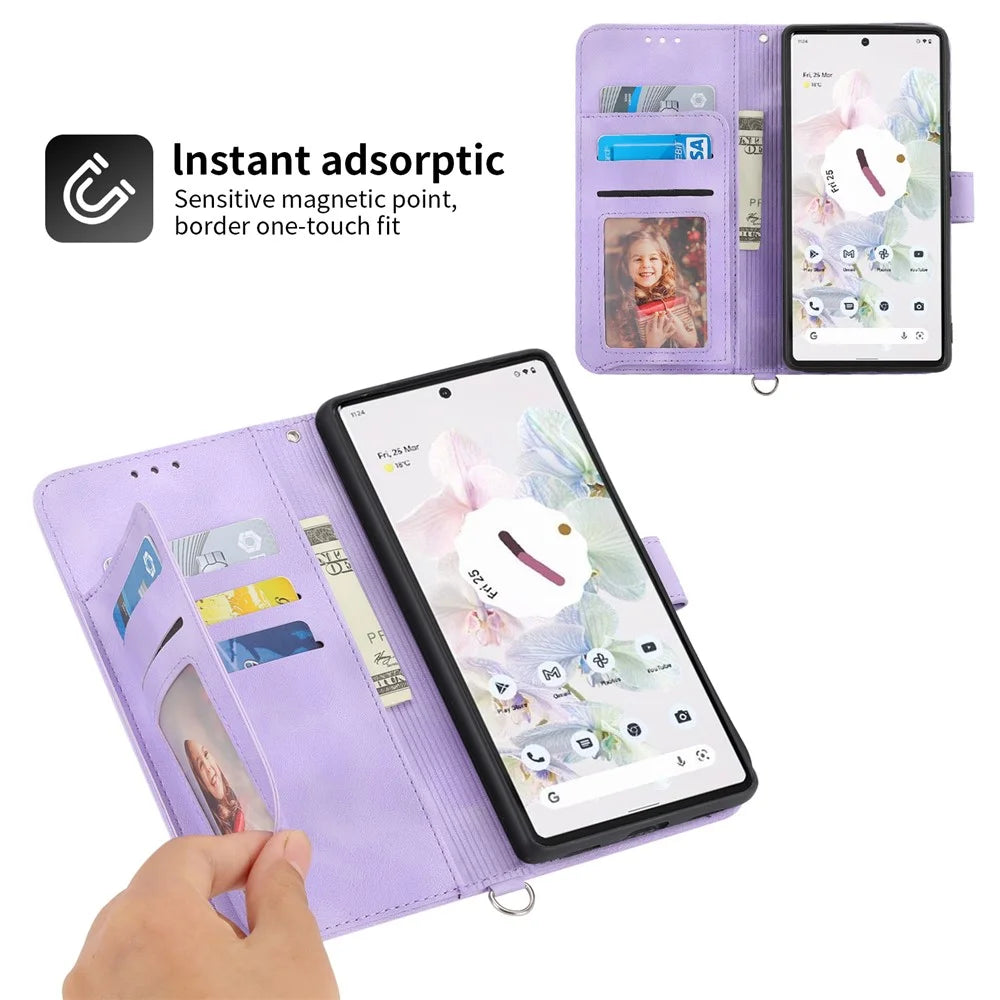 Phone Wallet Case for Google Pixel 7a, Skin-touch Imprinted Flowers Leather Stand Phone Cover with Wrist Strap and Shoulder Strap - Light Purple - 2