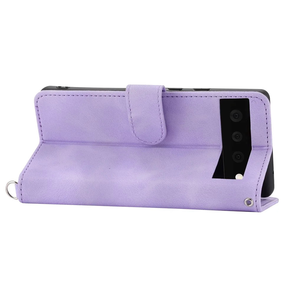 Phone Wallet Case for Google Pixel 7a, Skin-touch Imprinted Flowers Leather Stand Phone Cover with Wrist Strap and Shoulder Strap - Light Purple - 3