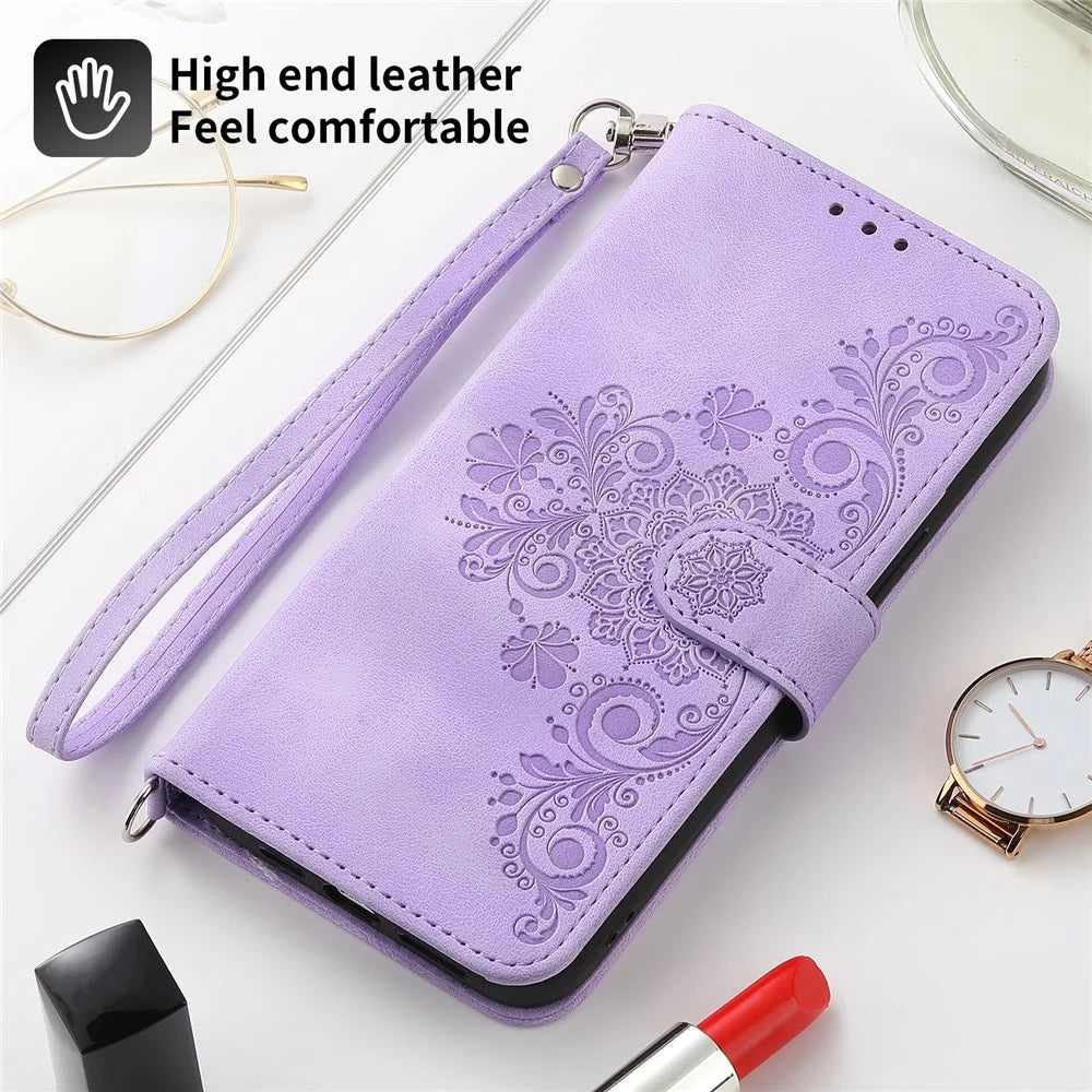 Phone Wallet Case for Google Pixel 7a, Skin-touch Imprinted Flowers Leather Stand Phone Cover with Wrist Strap and Shoulder Strap - Light Purple - 7