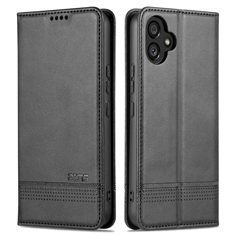 AZNS PU Leather Phone Case for Samsung Galaxy A04e 4G / F04 4G / M04 4G, Stand Magnetic Absorption Flip Wallet Cover - Black - 1