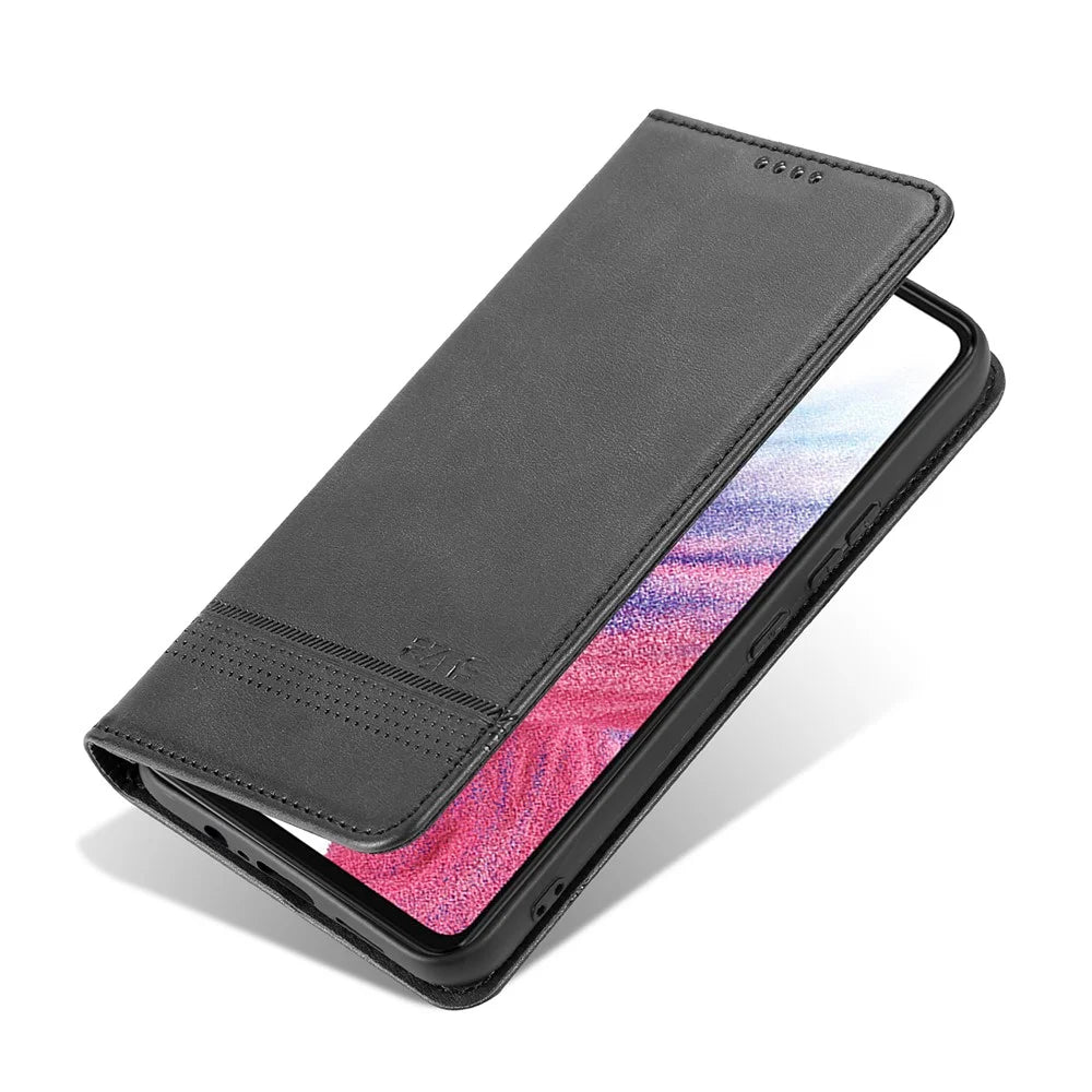 AZNS PU Leather Phone Case for Samsung Galaxy A04e 4G / F04 4G / M04 4G, Stand Magnetic Absorption Flip Wallet Cover - Black - 5