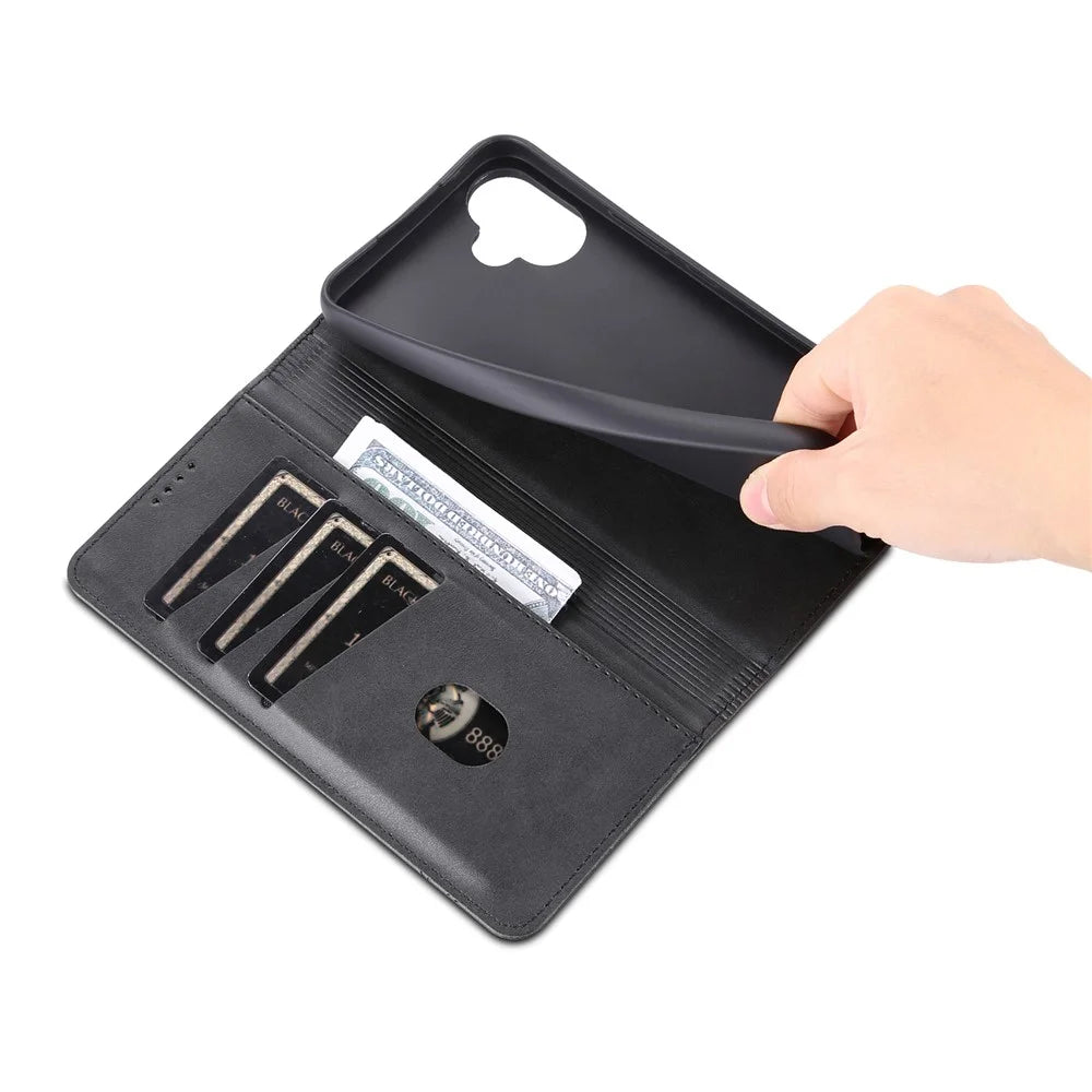 AZNS PU Leather Phone Case for Samsung Galaxy A04e 4G / F04 4G / M04 4G, Stand Magnetic Absorption Flip Wallet Cover - Black - 6