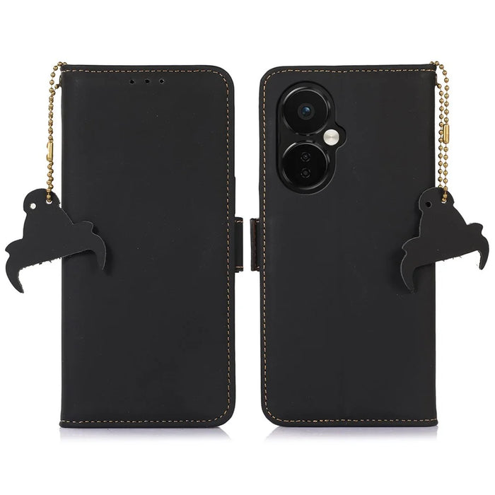 For OnePlus Nord CE 3 Lite 5G / Nord N30 5G Genuine Cow Leather Phone Case Flip Stand Cover with RFID Blocking Wallet - Black - 1