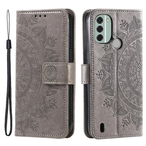 For Nokia C31 4G Mobile Phone Shell Imprinted Mandala Flower Pattern Wallet Stand Phone Cover Case with Strap - Grey - 1