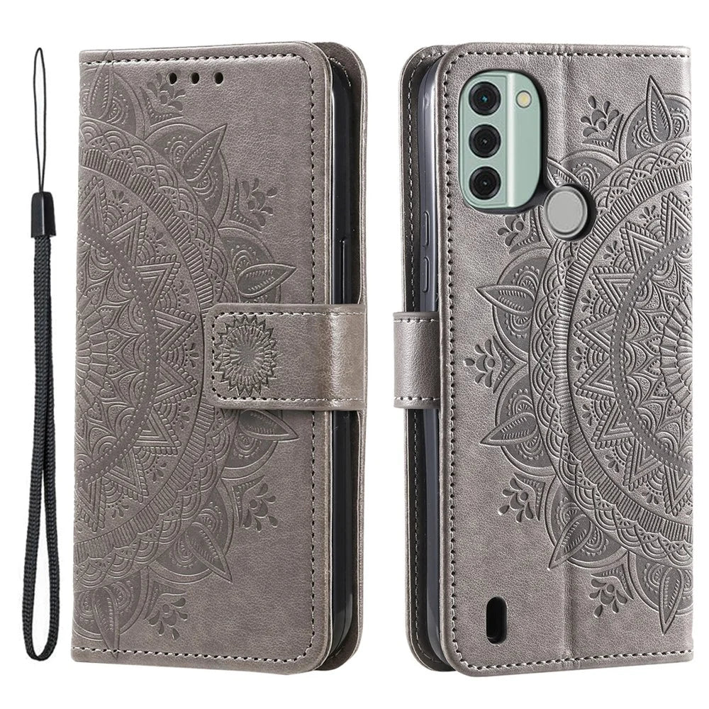 For Nokia C31 4G Mobile Phone Shell Imprinted Mandala Flower Pattern Wallet Stand Phone Cover Case with Strap - Grey - 1