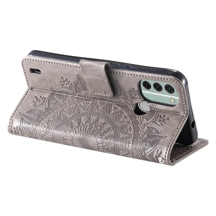 For Nokia C31 4G Mobile Phone Shell Imprinted Mandala Flower Pattern Wallet Stand Phone Cover Case with Strap - Grey - 4
