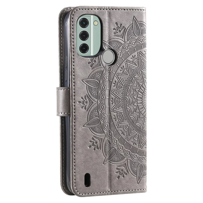 For Nokia C31 4G Mobile Phone Shell Imprinted Mandala Flower Pattern Wallet Stand Phone Cover Case with Strap - Grey - 6