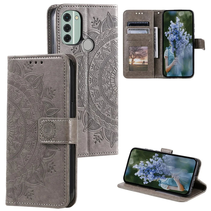 For Nokia C31 4G Mobile Phone Shell Imprinted Mandala Flower Pattern Wallet Stand Phone Cover Case with Strap - Grey - 7