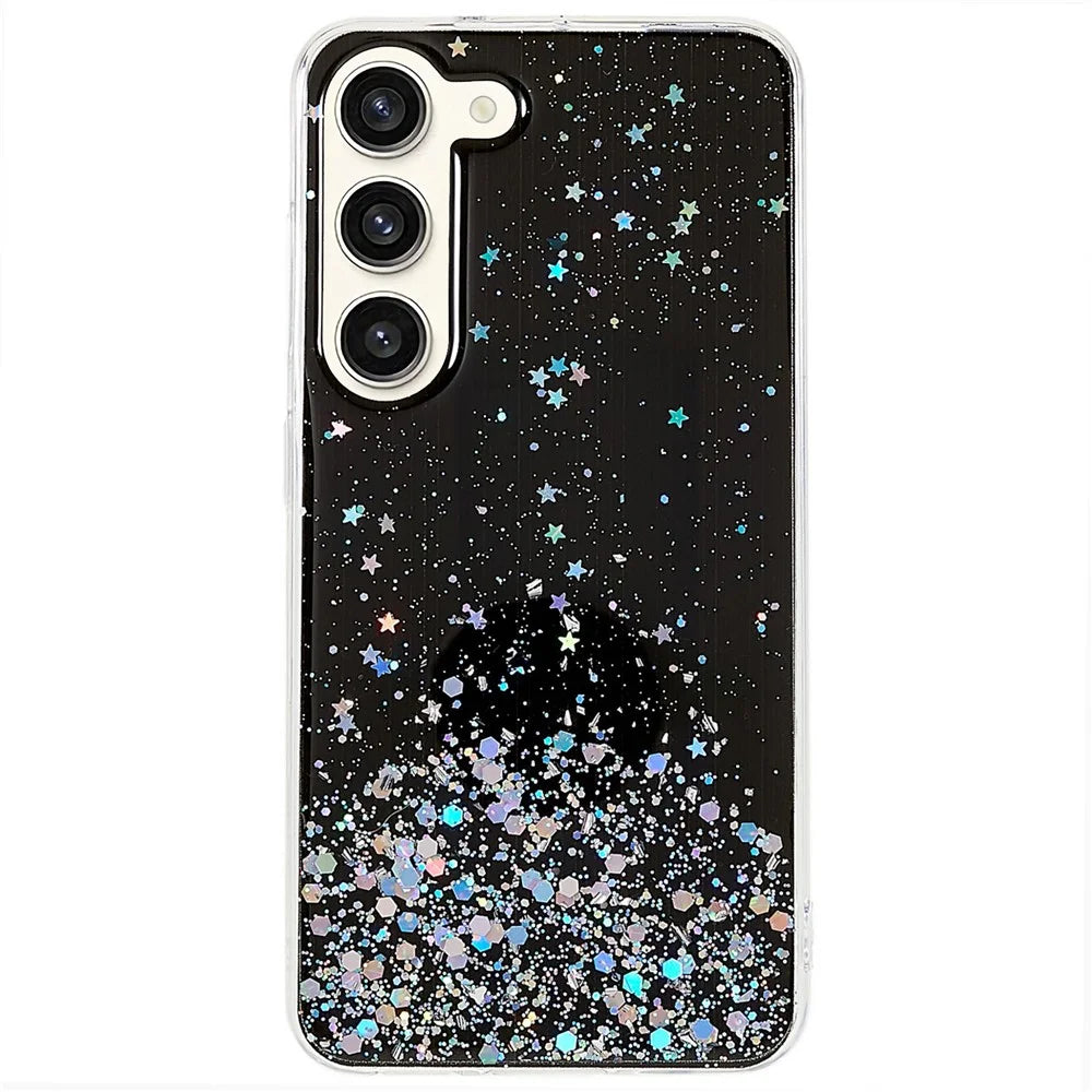 For Samsung Galaxy S23+ Starry Sky Sparkle Epoxy Phone Case Shockproof TPU Protective Back Cover - Black - 1