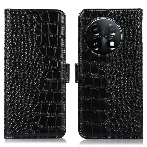 Phone Wallet Case for OnePlus 11 5G, RFID Blocking Crocodile Texture Genuine Cowhide Leather Stand Phone Cover - Black - 1
