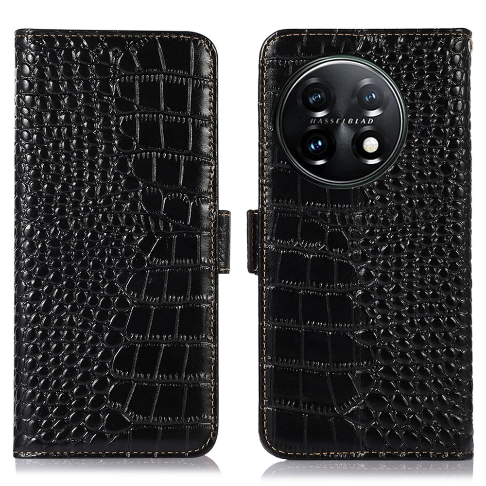 Phone Wallet Case for OnePlus 11 5G, RFID Blocking Crocodile Texture Genuine Cowhide Leather Stand Phone Cover - Black - 1
