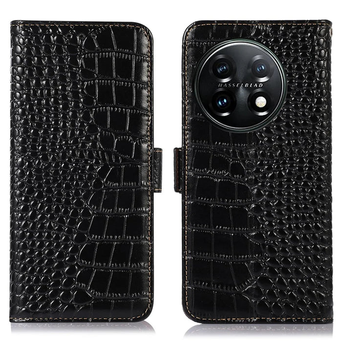 Phone Wallet Case for OnePlus 11 5G, RFID Blocking Crocodile Texture Genuine Cowhide Leather Stand Phone Cover - Black - 1