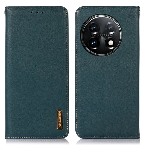 KHAZNEH Anti-drop Phone  Cover For OnePlus 11 5G Genuine Cowhide Leather Nappa Texture Stand Wallet Protective Phone Case - Green - 1