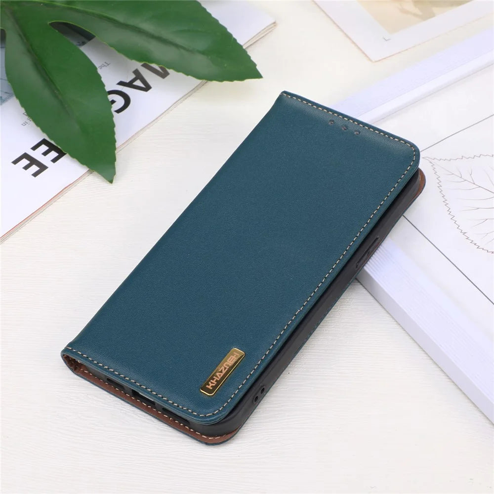 KHAZNEH Anti-drop Phone  Cover For OnePlus 11 5G Genuine Cowhide Leather Nappa Texture Stand Wallet Protective Phone Case - Green - 5