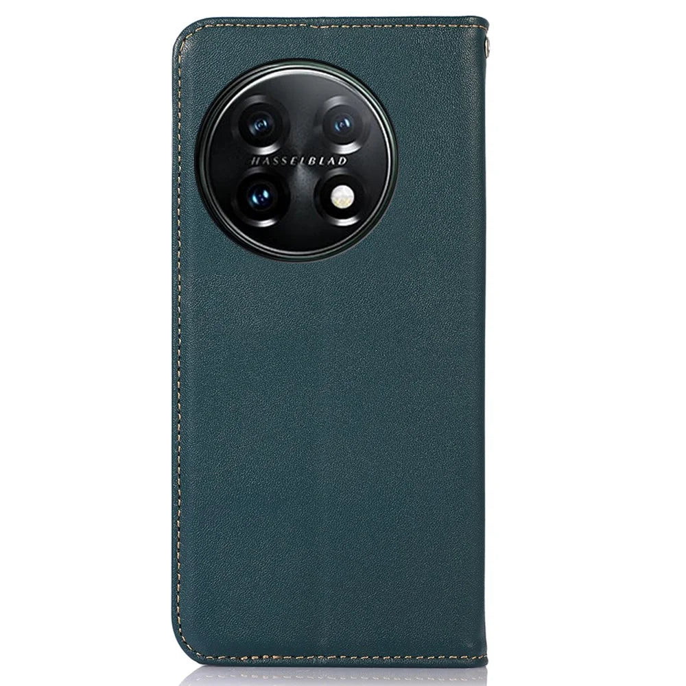 KHAZNEH Anti-drop Phone  Cover For OnePlus 11 5G Genuine Cowhide Leather Nappa Texture Stand Wallet Protective Phone Case - Green - 7