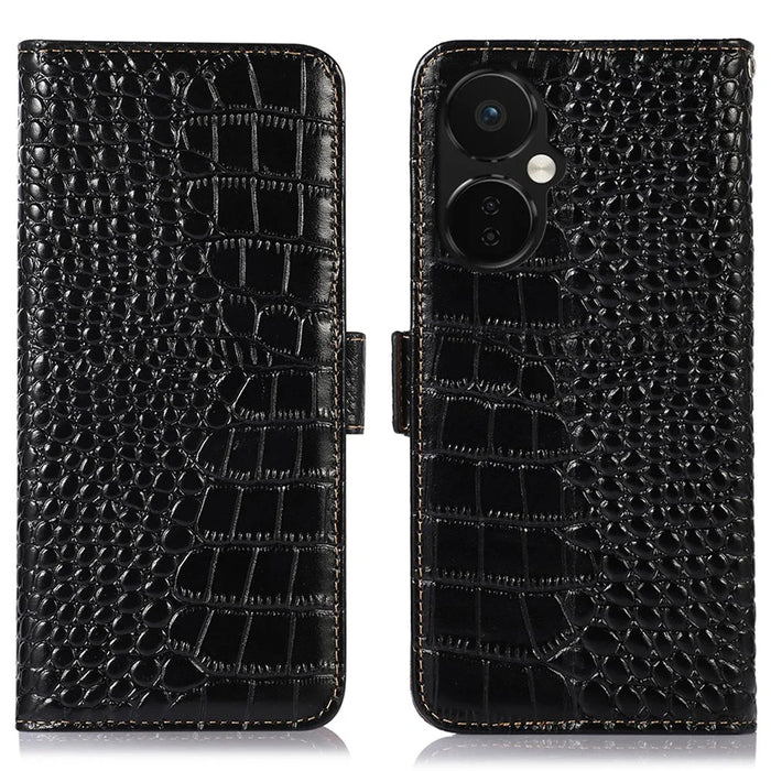 Leather Phone Case for OnePlus Nord CE 3 Lite 5G / Nord N30 5G RFID Blocking Crocodile Texture Wallet Stand Drop-proof Phone Cover - Black - 1