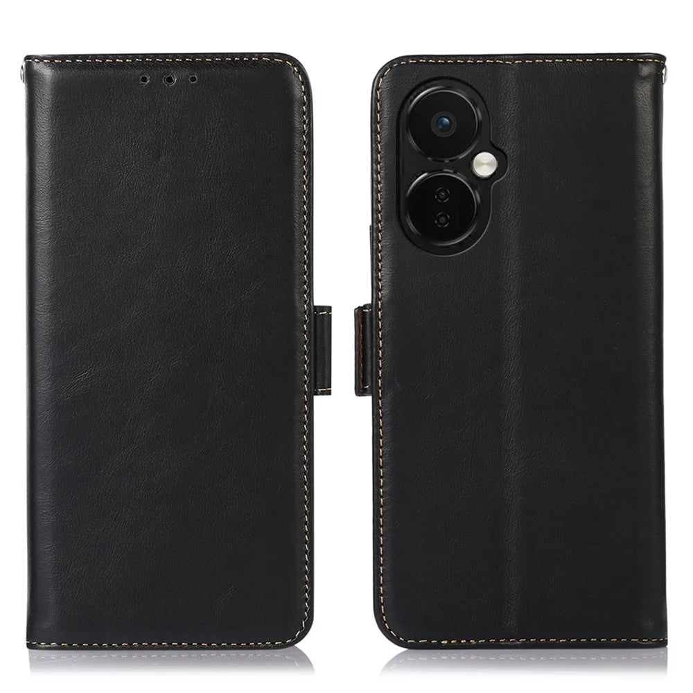 For OnePlus Nord CE 3 Lite 5G / Nord N30 5G RFID Blocking Mobile Phone Case Genuine Cowhide Leather Anti-fall Phone Cover with Wallet Stand - Black - 1
