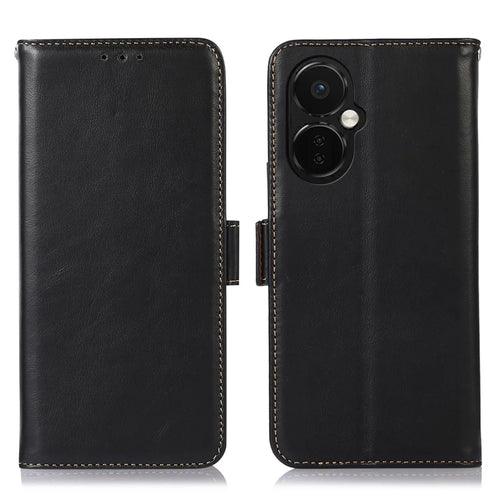 For OnePlus Nord CE 3 Lite 5G / Nord N30 5G RFID Blocking Mobile Phone Case Genuine Cowhide Leather Anti-fall Phone Cover with Wallet Stand - Black - 1