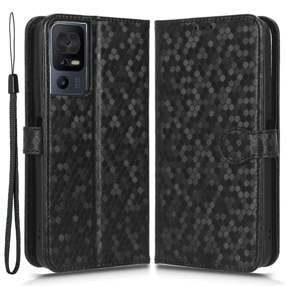 For TCL 40 SE Wrist Strap Phone Shell Dot Pattern Imprinted Phone Cover PU Leather Shockproof Wallet Stand Case - Black - 1