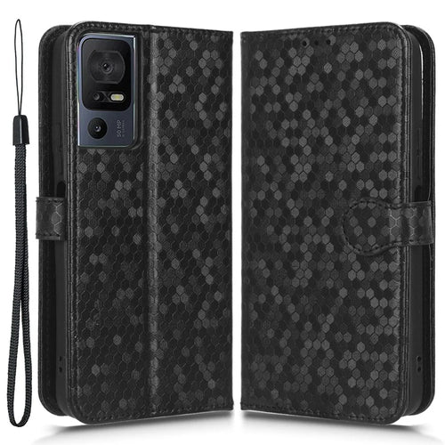 For TCL 40 SE Wrist Strap Phone Shell Dot Pattern Imprinted Phone Cover PU Leather Shockproof Wallet Stand Case - Black - 1