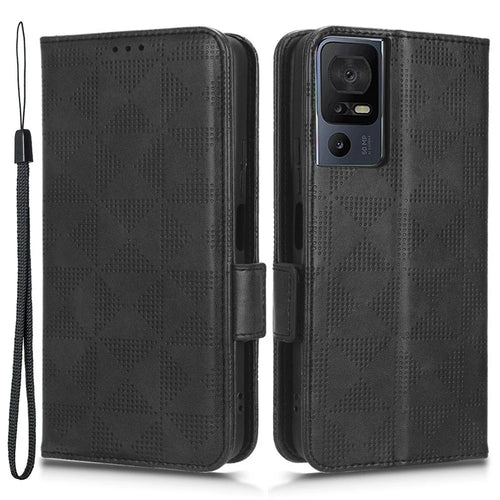 For TCL 40 SE Dustproof Cell Phone Case PU Leather Imprinted Triangle Pattern Stand Phone Cover Wallet - Black - 1