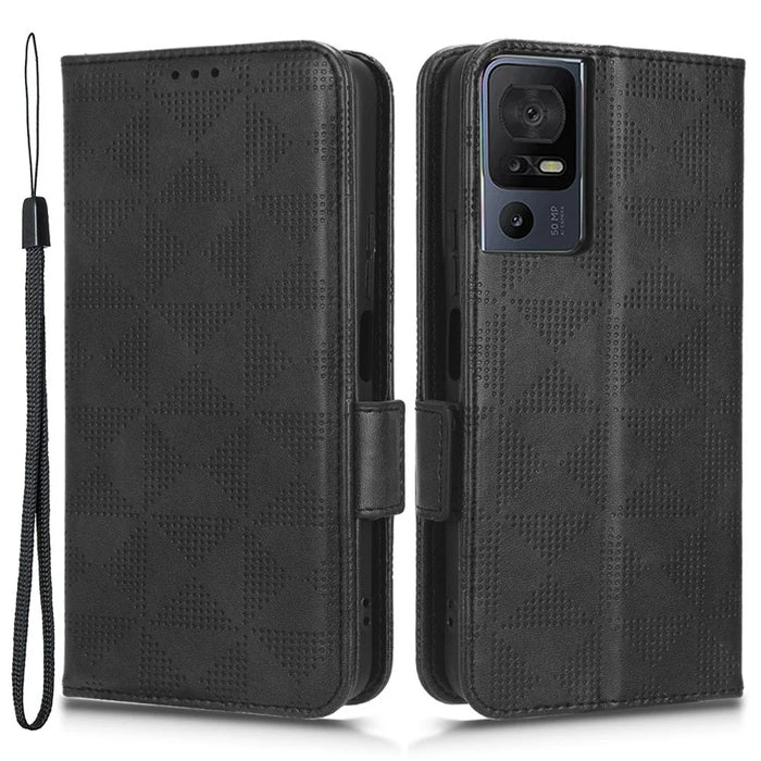 For TCL 40 SE Dustproof Cell Phone Case PU Leather Imprinted Triangle Pattern Stand Phone Cover Wallet - Black - 1
