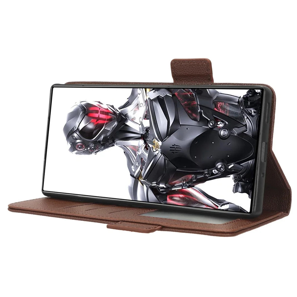 For ZTE nubia Red Magic 8 Pro+ 5G / Red Magic 8 Pro 5G Litchi Texture Leather Phone Case Dual Magnetic Clasp Wallet Stand Phone Shell - Brown - 3