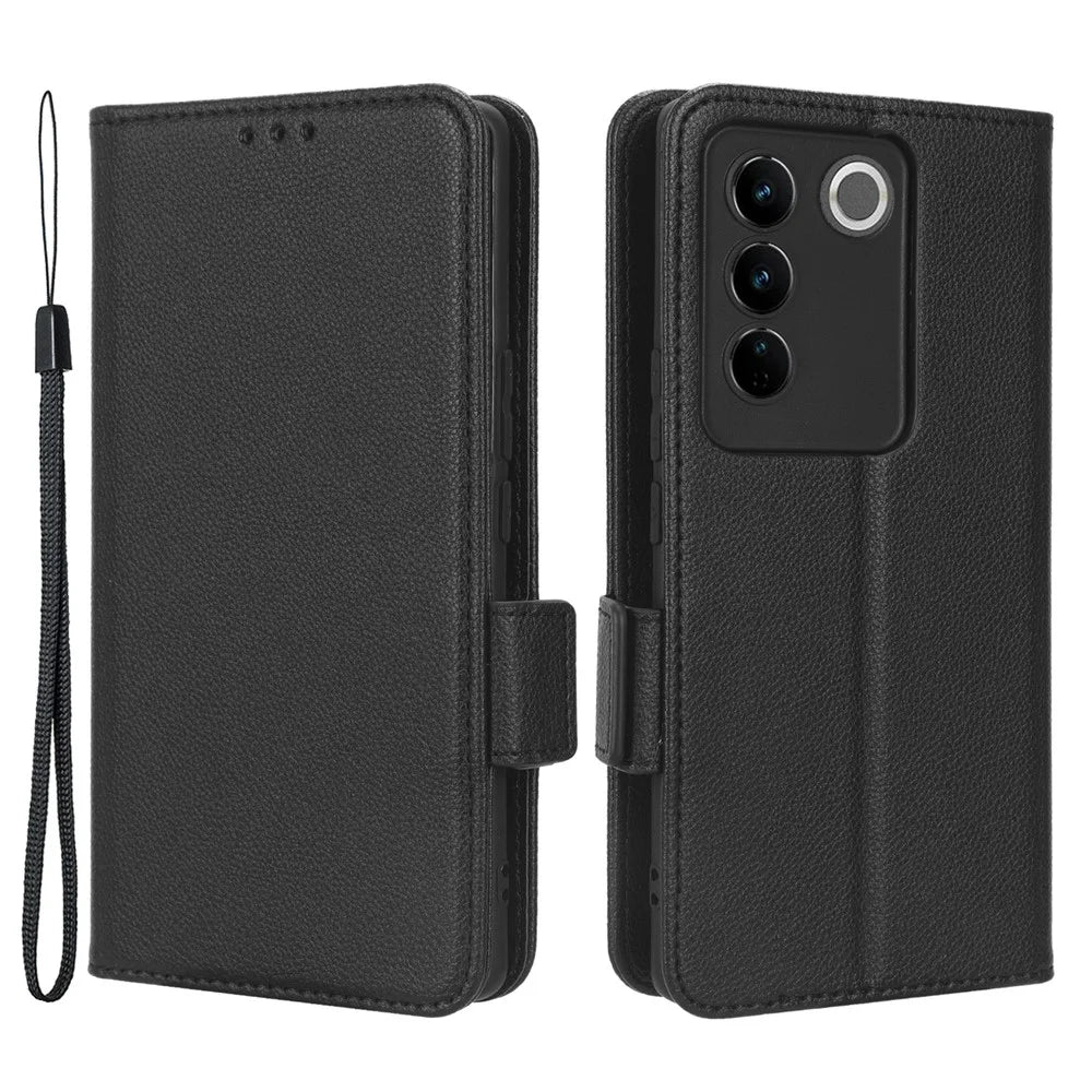 For vivo S16 / S16 Pro / V27 / V27 Pro Anti-Fingerprint Phone Case Wallet Stand Litchi Texture PU Leather Dual Magnetic Clasp Cover - Black - 1