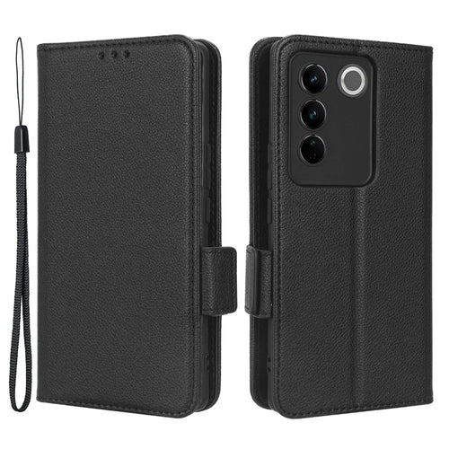 For vivo S16 / S16 Pro / V27 / V27 Pro Anti-Fingerprint Phone Case Wallet Stand Litchi Texture PU Leather Dual Magnetic Clasp Cover - Black - 1