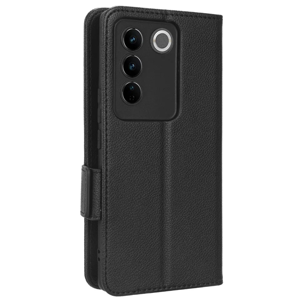 For vivo S16 / S16 Pro / V27 / V27 Pro Anti-Fingerprint Phone Case Wallet Stand Litchi Texture PU Leather Dual Magnetic Clasp Cover - Black - 7