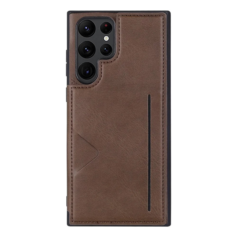 HANMAN Mika Series For Samsung Galaxy S23 Ultra Magnetic Card Slots Design PU Leather Coated TPU Protective Case Phone Back Cover - Brown - 1