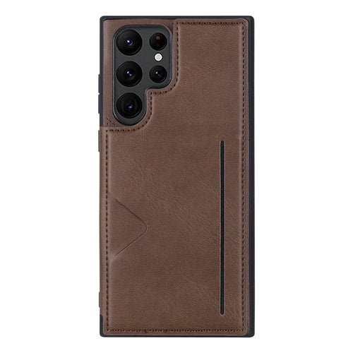 HANMAN Mika Series For Samsung Galaxy S23 Ultra Magnetic Card Slots Design PU Leather Coated TPU Protective Case Phone Back Cover - Brown - 1